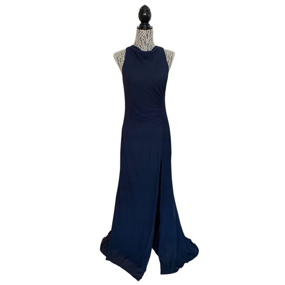 Reformation Senna Draped Neck Georgette Maxi Dress Navy Size 4 - Picture 1 of 12
